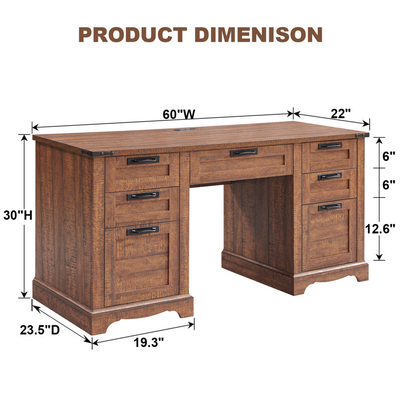 Bureau de direction 60 po avec tiroirs, bureau à domicile en bois avec station de charge, Brun