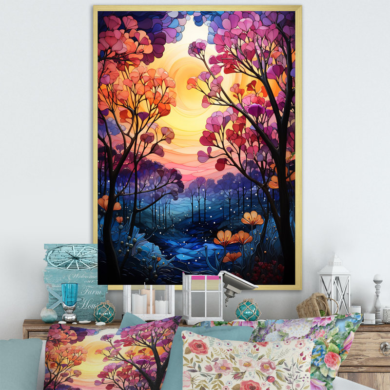 Auvent forêt mauve et rose, H 32 po x l 16 po x P 1 po, Cadre doré simple