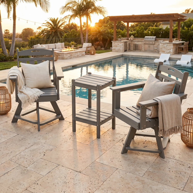 HDPE Outdoor Swivel Dining Chairs (Set Of 2) + Double-Layer Side Table – All-Weather Patio Set