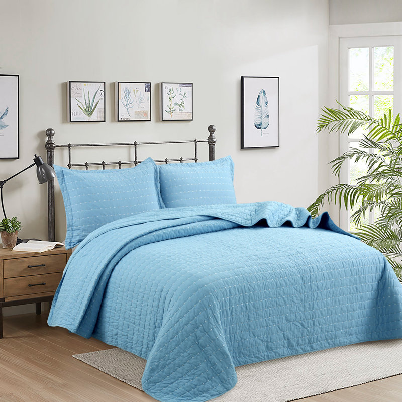 Ensemble de courtepointe 100% coton Squiltset, Courtepointe très grand et 2 très grandes taies, Bleu clair