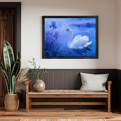 Black Framed Swan & Iris Misty Art, Ethereal Impressionist Landscape Painting Framed Prints