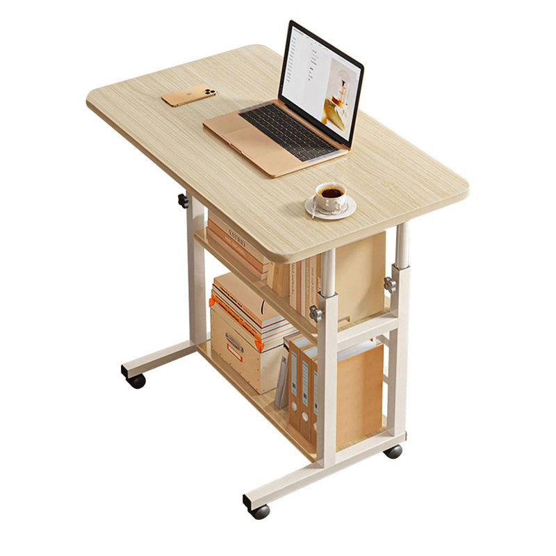 Height Adjustable Computer Desk Mobile Table with Shelves, Light Brown