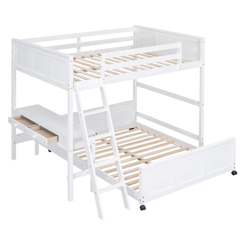 Lit double superposé double avec bureau intégré et rangement, Blanc