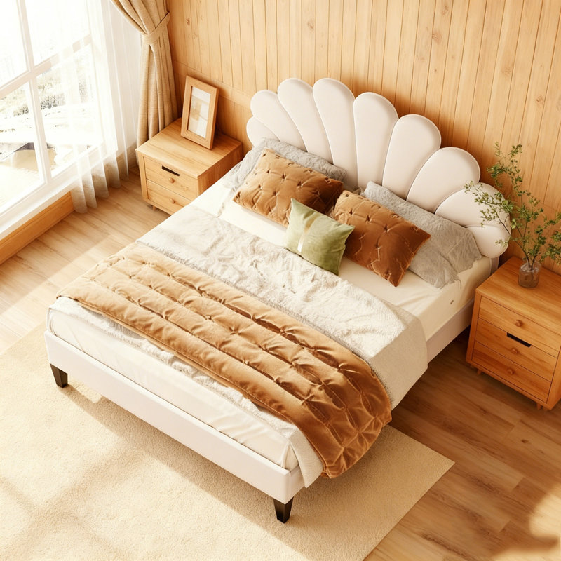 Lit plateforme tapissier avec tête de lit en velours à motif floral, Beige, Lit double