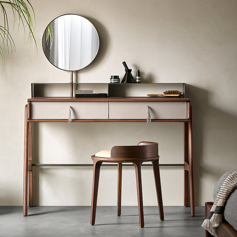 Coiffeuse moderne et minimaliste en bois de 110 cm (43,31 po) avec cadre incurvé et miroir de maquillage rond
