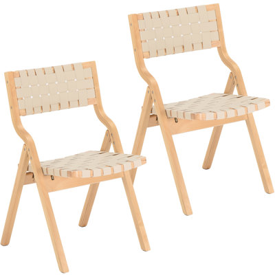 Space - Saving Foldable Chairs Made Of Wood, 2 For Kitchen And Dining, Inspired Design, Comfortable Seating Wooden Dining With Woven Seat Webbing Back, Indoor Stackable Room, Toned Finish, Beige