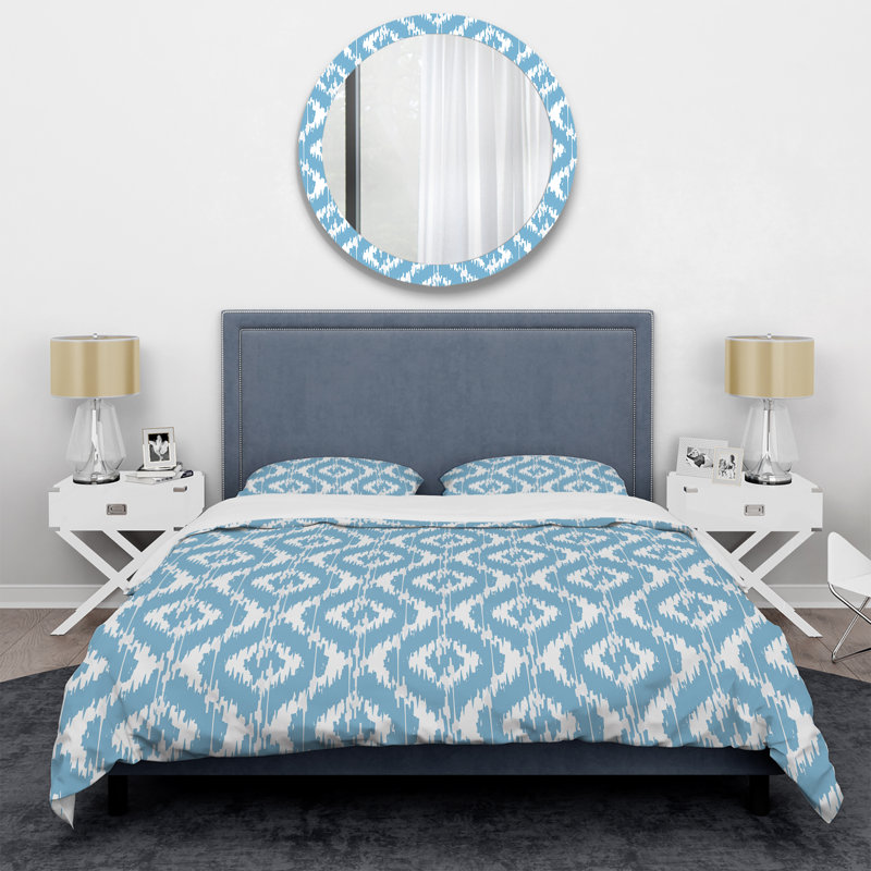 Blue Damask Ikat Polyester Damask Duvet Cover, King Duvet Cover + 2 King Shams