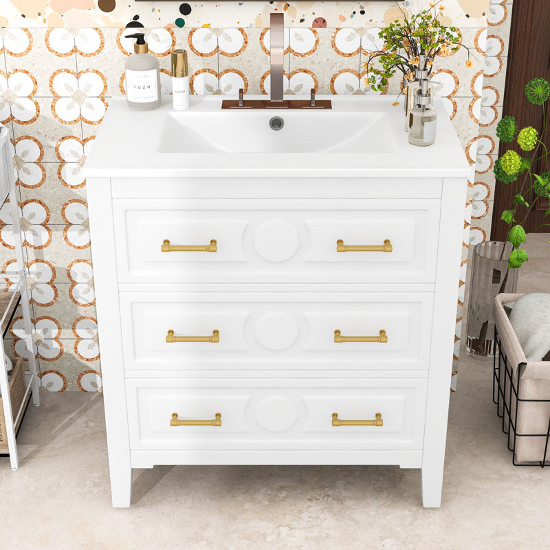 Meuble-lavabo autoportant avec tiroirs dissimulés, Blanc, Doré, 30"