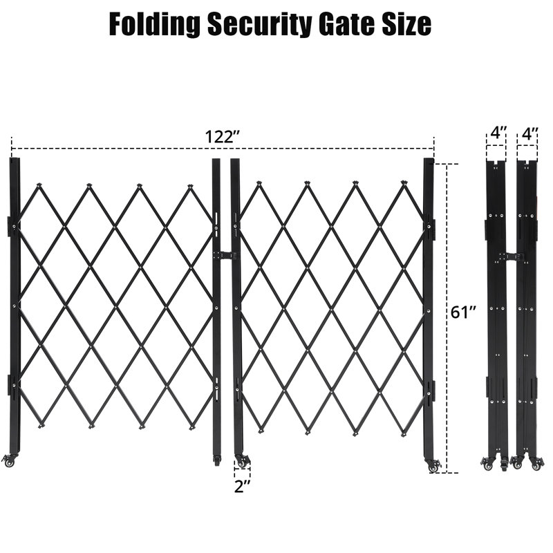 Expandable Folding Steel Security Gate, Scissor‑Style Barrier with 360‑Degree Locking Casters and Padlock for Driveway, Yard, Garden, Black Finish