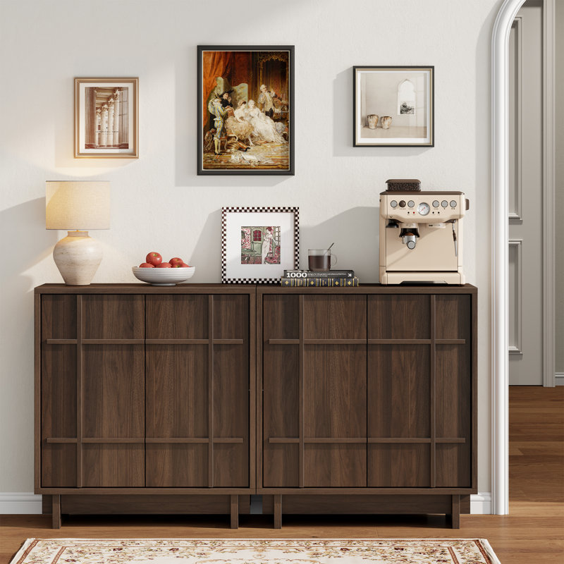Buffet moderne avec panneau linéaire, armoire de rangement et vestibule avec tablettes réglables, parfait pour la salle à manger, la cuisine et le vestibule