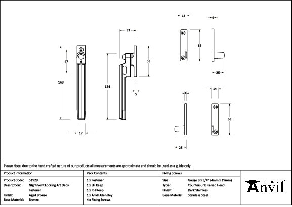 Art Deco Night-Vent Locking Fastener, Aged Bronze