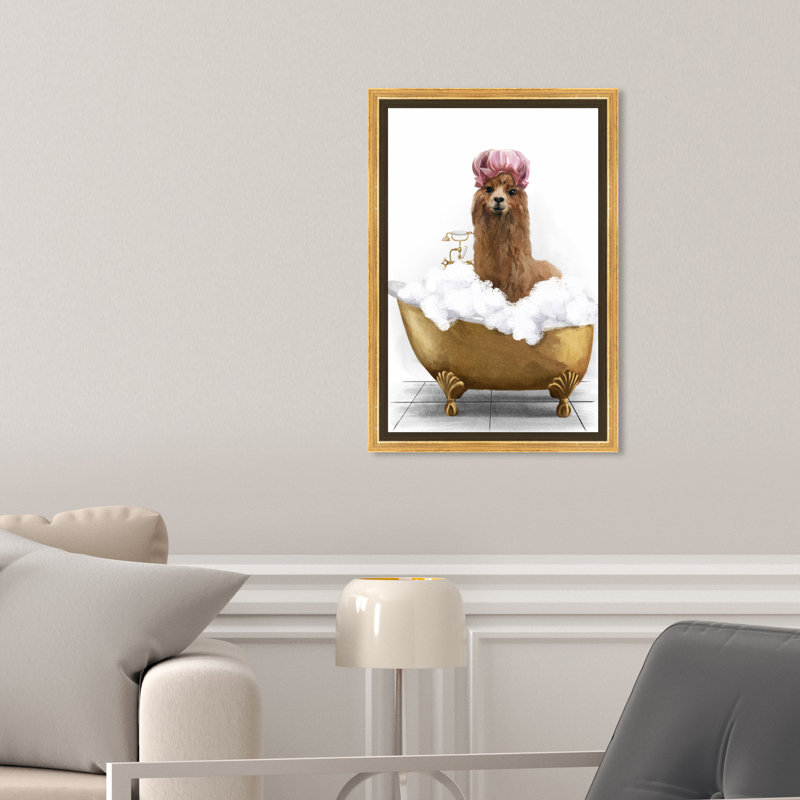 Bathtub Llama - Print on Canvas, Gold Framed, 15" H x 10" W x 1.5" D