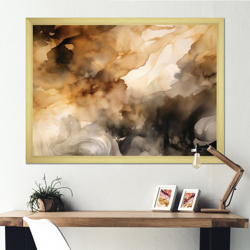 Brun et crème - Fluidité abstraite - art mural abstrait, H 16 po x l 32 po x P 1 po, Cadre doré à une seule photo