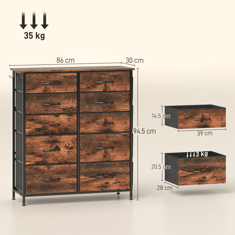 86cm W 10 - Drawer Chest of Drawers, Rustic Brown