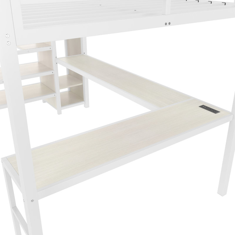 Grand lit mezzanine blanc à grain de bois avec escalier, rangement à DEL et à rangement intégré pour adolescents, décoration de chambre à coucher