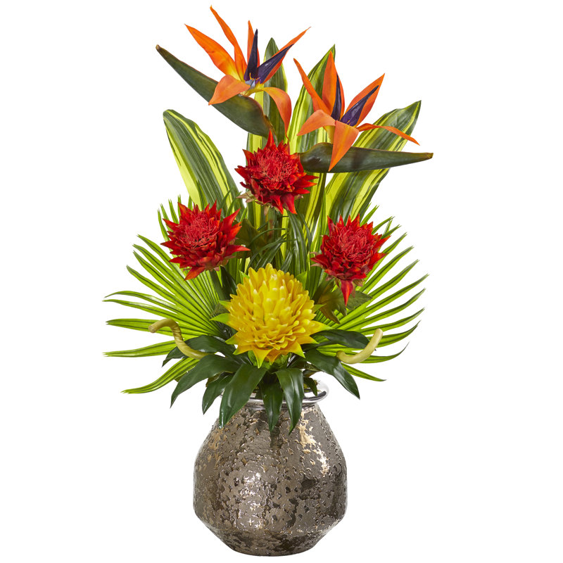 Arrangement de fleurs en mélange de fleurs artificielles d’inspiration tropicale vase