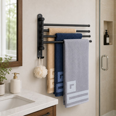 Porte-serviettes mural pivotant à 4 bras avec double crochets, barre porte-serviettes en métal noir peu encombrante, 37,3 cm L × 24,4 cm H × 4,3 cm P, pour salle de bain, buanderie et petits espaces