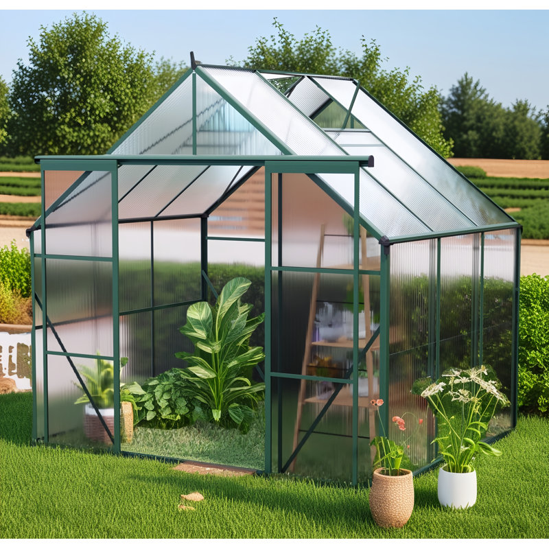 8X6Ft-Green Double Door Polycarbonate Greenhouse Raised Base And Anchor Aluminum Heavy Duty Walk-In Greenhouses For Outdoor Backyard In All Season