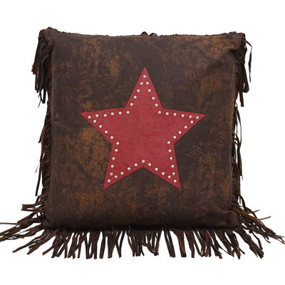 Cheyenne Fringed Star Tooled Faux Leather Western Decorative Throw Pillow 18x18 inch