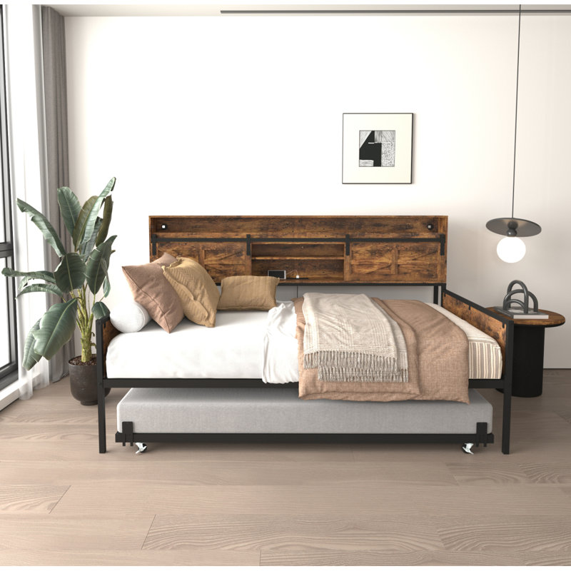 Twin Daybed With Trundle, Farmhouse Daybed Frame With Sliding Barn Door Headboard And Charging Station & LED Light For Bedroom And Guest Room, Rustic Brown