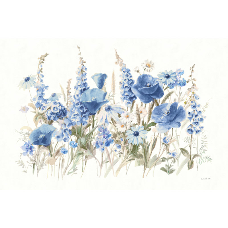 Fleurs sauvages en fleurs I - bleu, peinture sur toile tendue, H 20 po x l 30 po