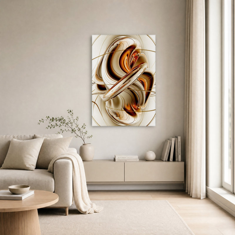 Tableau abstrait sur toile avec anneaux métalliques or et bronze tourbillonnants, H 30 po x l 20 po