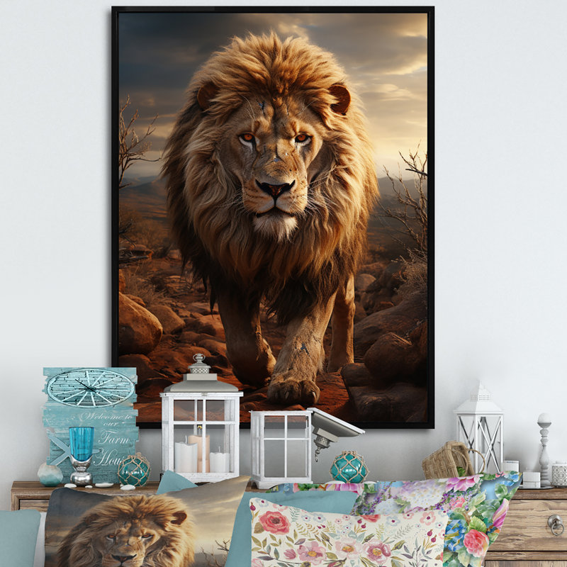 Moniet animal lion à Savan - impression, H 44 po x l 34 po x P 1,5 po, Toile à cadre flottant noir