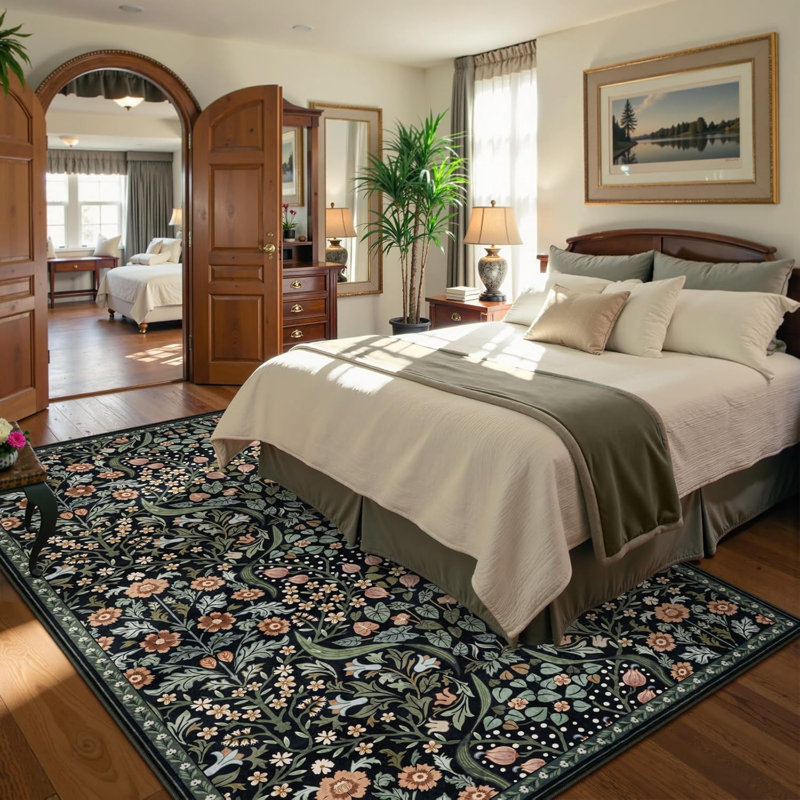 Tapis lavable à motif floral Kaldi, Rectangulaire 8 pi x 10 pi, Noir