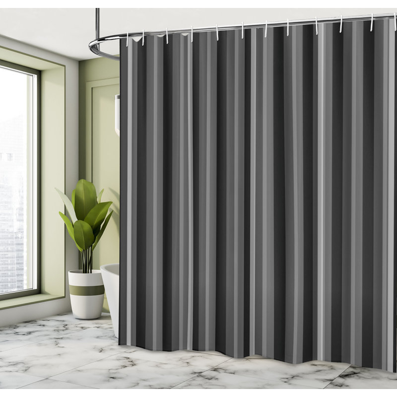 Black and Gray Striped Fabric Shower Curtain with Hooks