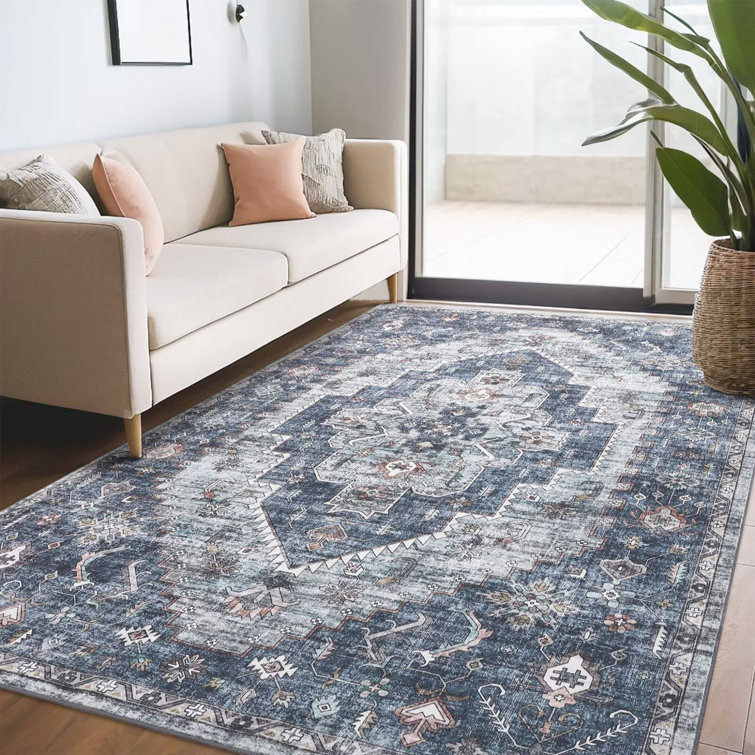 Washable Area Rug for Living Room Boho Vintage Rug Non Slip Throw Rugs Floral Bedroom Rug