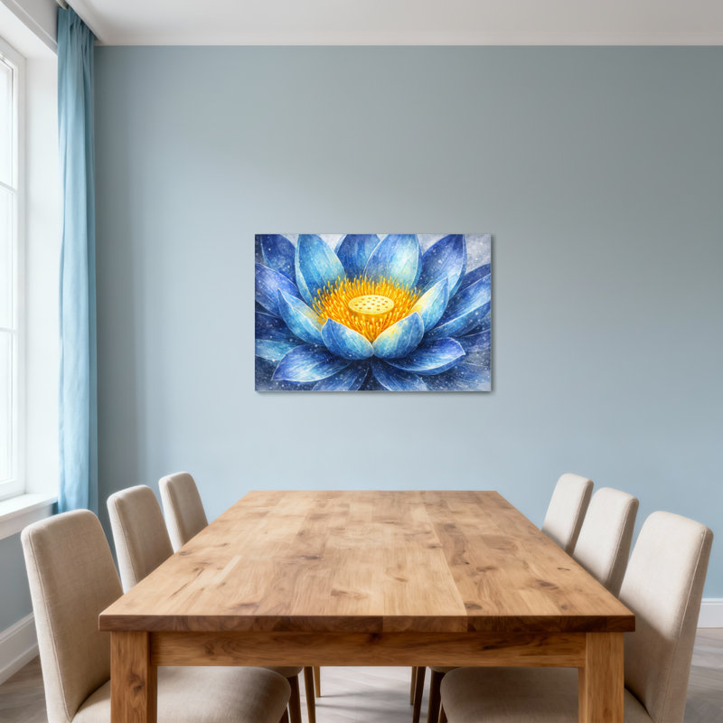 Plantes et fleurs de lotus bleu avec centre doré, H 24 po x l 36 po