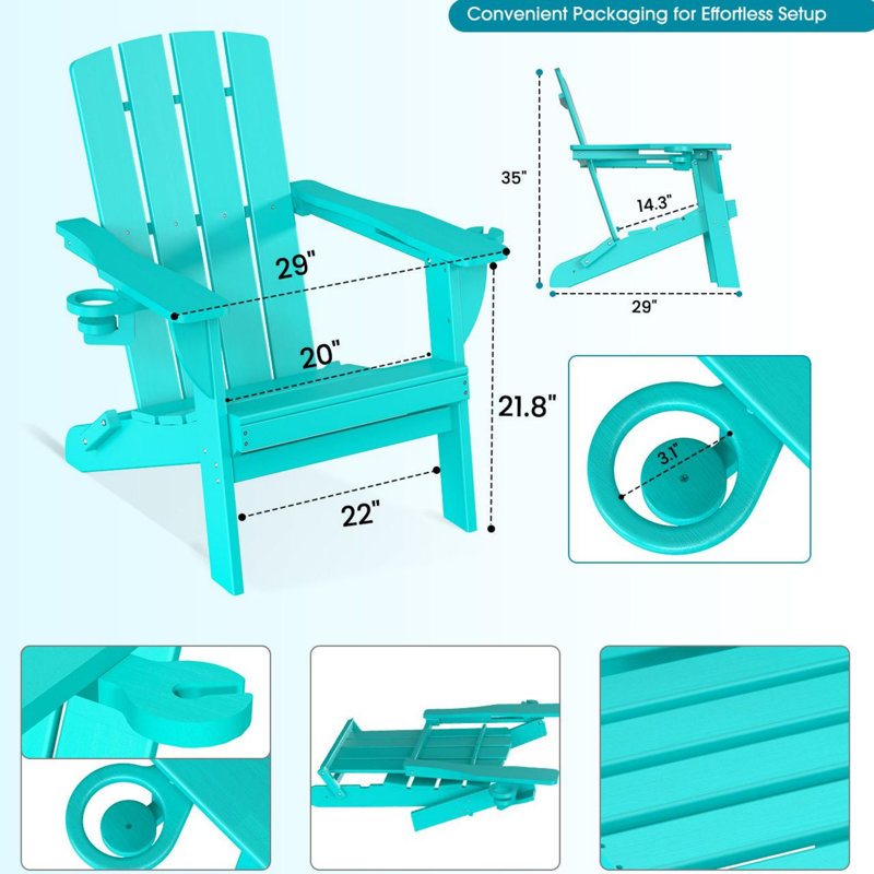 HDPE Folding Adirondack Chair With Cup Holder, Lake Blue