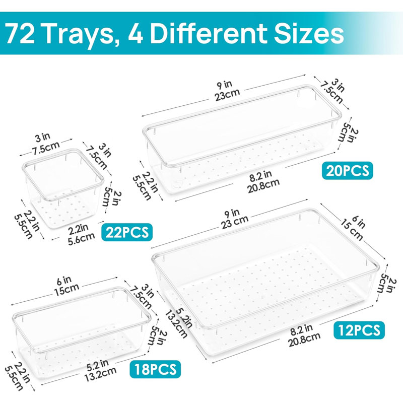 Ensemble de 72 tiroirs en plastique transparent 72 pièces, 4 plateaux de rangement polyvalents pour salle de bain et coiffeuse, contenants de rangement antidérapants pour le maquillage, les bijoux, la chambre à coucher, les ustensiles de cuisine et le 