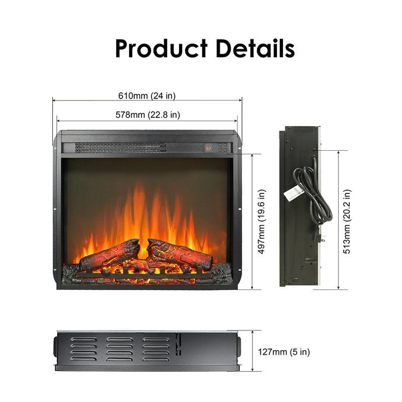 23-Inch Ultra-Thin Electric Fireplace Insert With Log Set, Realistic Flame, Timer Remote Control, And Overheating Protection