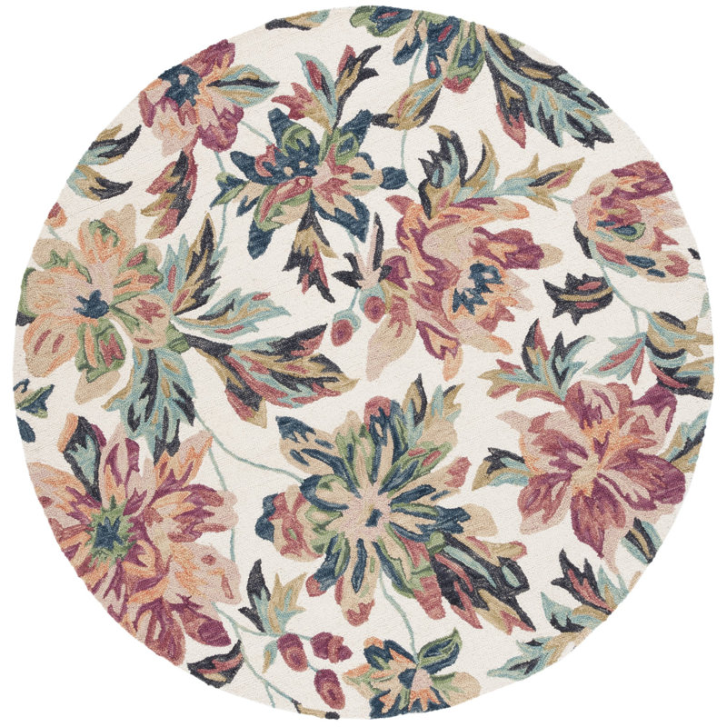 Kameyah Hand Tufted Wool/Cotton Floral Rug in Ivory/Plum, Rectangle 2' x 3'