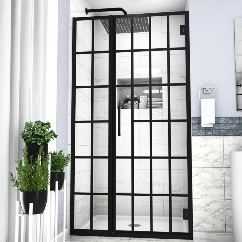 Porte de douche pivotante l 34 po x H 72 po en noir mat avec verre. Enrichissez l'ambiance de votre salle de bain. Fabrication de qualité. Nettoyage simple. Installation professionnelle recommandée. Trempé facile à