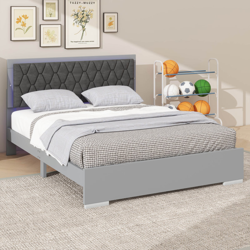 Grand lit tapissier avec éclairage à DEL d'ambiance, Gris