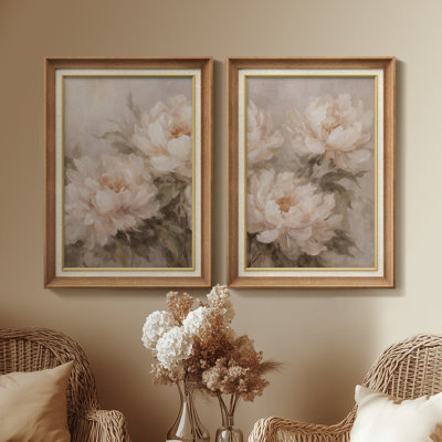 Soft Blush Peony Blooms Elegant Romantic Floral – Set of 2 Premium Framed Wall Art Print on Paper 26"x36"