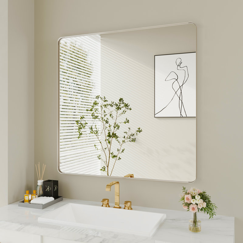 Lesamuel Filleted Corner Wall Mounted Bathroom and Vanity Mirror with Aluminum Frame, 36" x 36", Square, Brushed Nickel