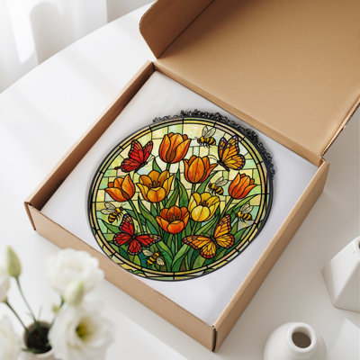12"H Tulip Butterfly Stained Glass Window Panel