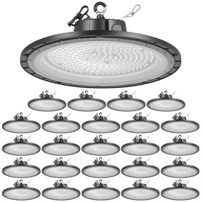 Lot de 20 luminaires DEL industriels, 5000K 150W 21000LM, ultra-lumineux, type OVNI, étanches IP65, large plage de tension 100-277V, pour entrepôt, atelier, usine, salle de sport, garage, grange, noir.