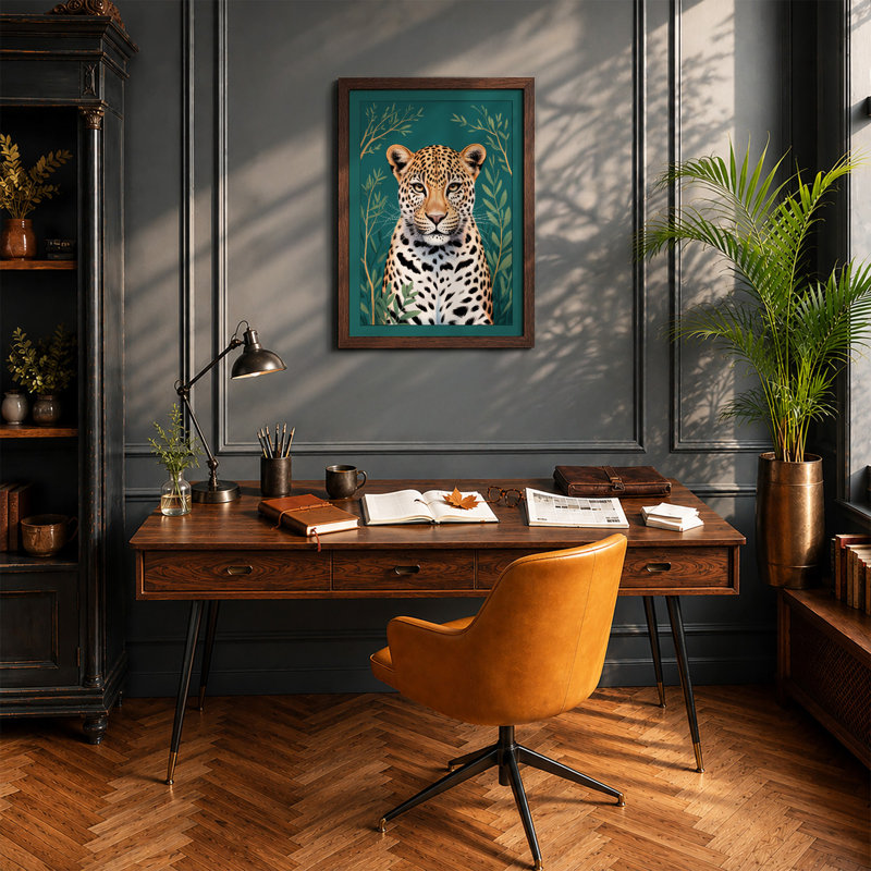 Leopard Portrait Modern - Framed Print, A2 - 59.4 x 42.0 cm, Walnut