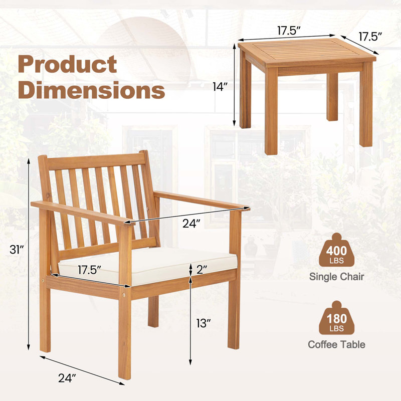 Rikako Acacia Wood 2 - Person Patio Conversation Set with Cushions, Off White