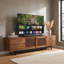 Meuble télé de 78 pouces avec portes coulissantes à lattes, deux tiroirs, trois tablettes réglables et charnières à fermeture douce – Console multimédia pour téléviseurs jusqu'à 85 pouces dans le salon et la chambre