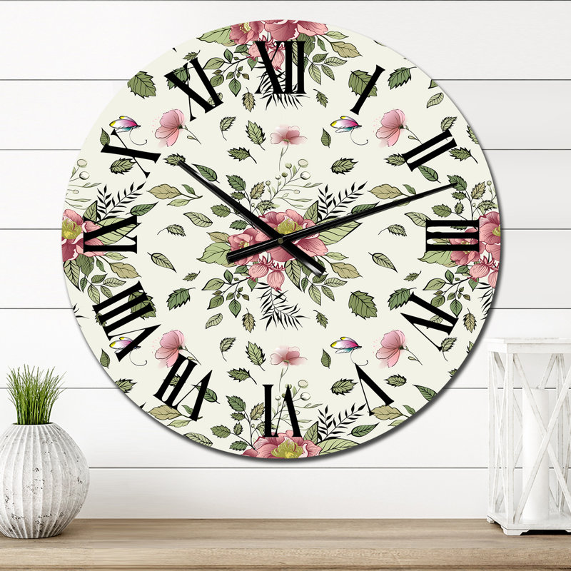 Horloge murale rétro à motif de fleurs roses rustiques, Surdimensionné