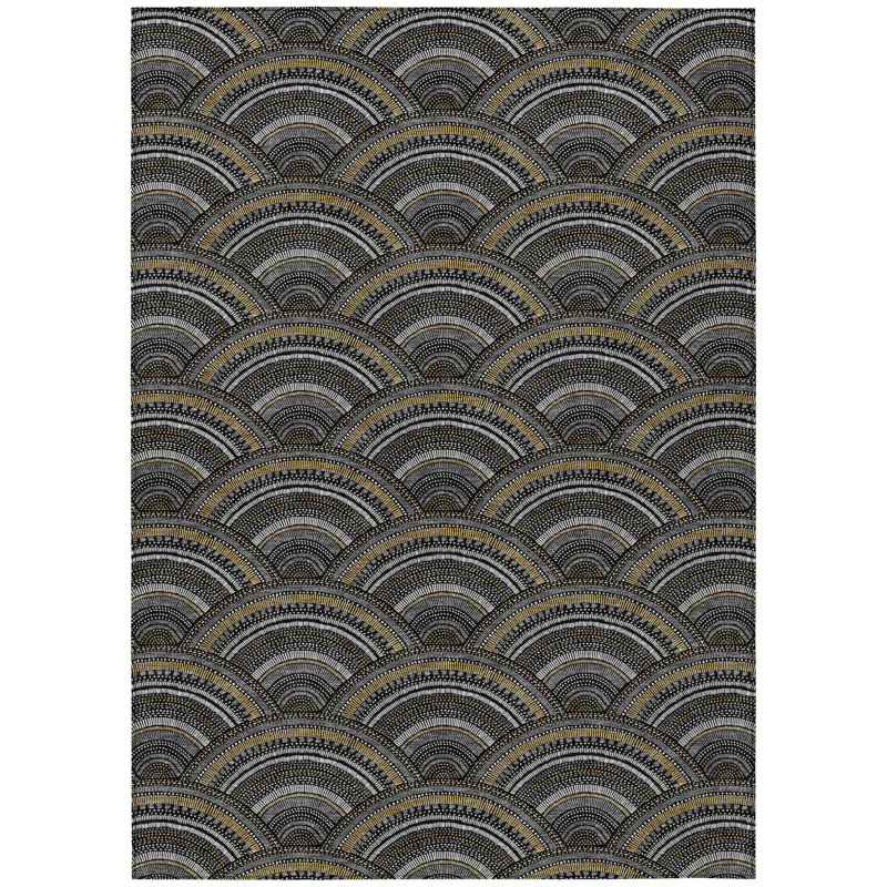 Tapis intérieur / extérieur ivoire et doré à motif géométrique 9 pi x 12 pi noir