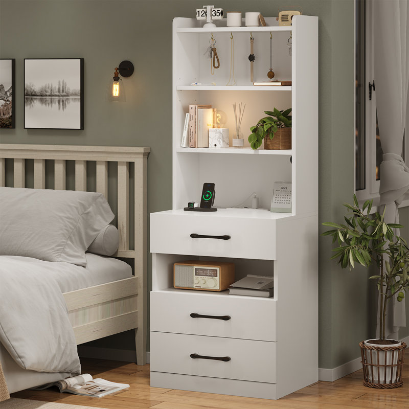 Table de chevet haute de 51,8 po avec station de charge et lumières DEL Manech pour chambre à coucher, blanc, Manech, Blanc