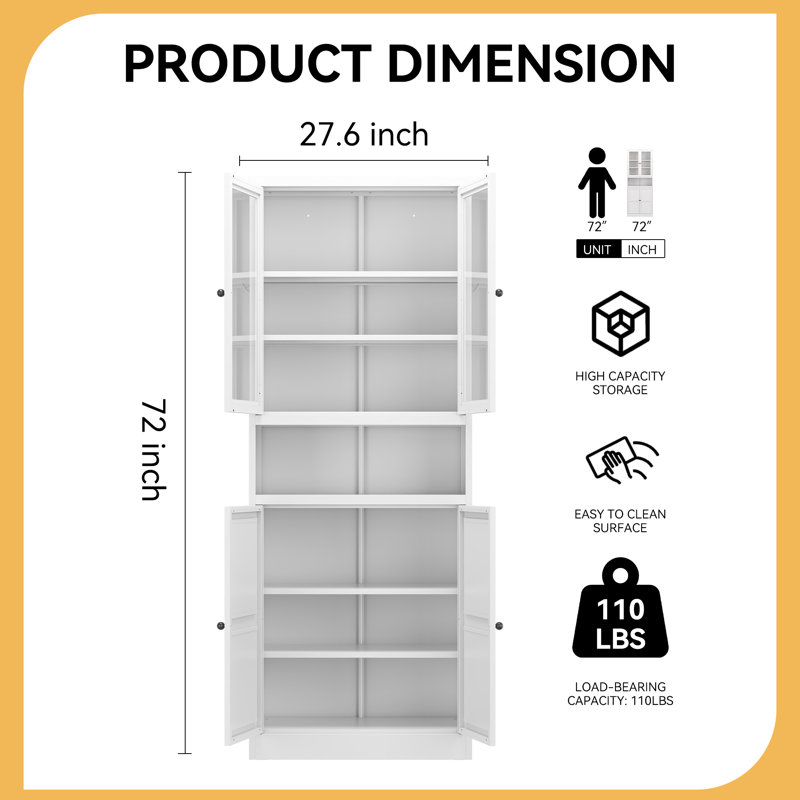 Armoire de cuisine en métal - 72 po de hauteur avec tablettes réglables (blanc), structure en acier inoxydable robuste, armoire autoportante pour cuisine / garde-manger / salle de bain