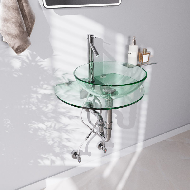Lavabo de salle de bain mural circulaire en verre avec robinet console unique