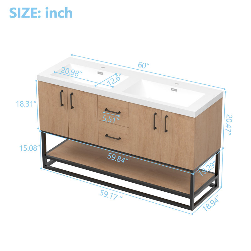 Meuble-lavabo double autoportant de 60 po avec comptoir en résine et structure en métal noir